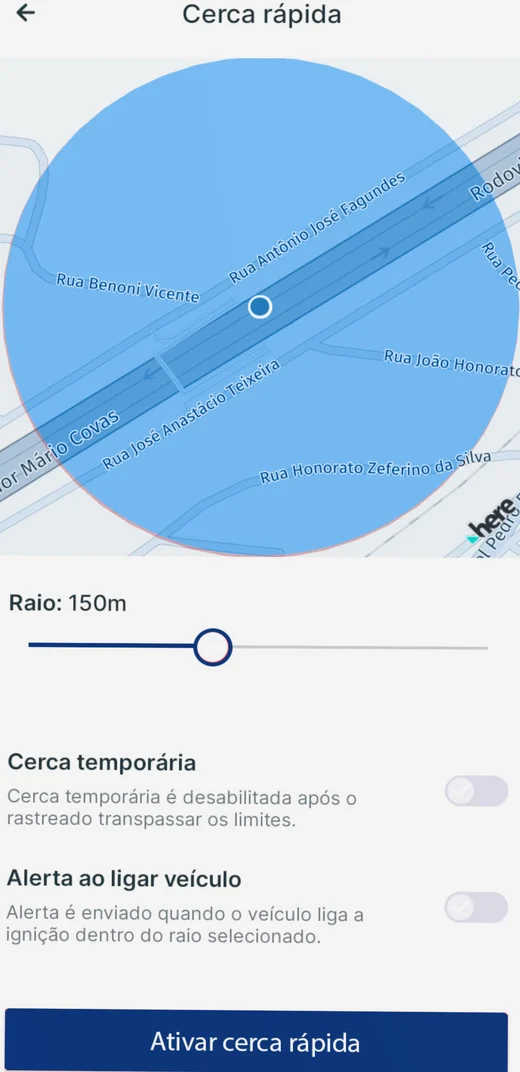 App SC Tracker: cerca rápida com raio ajustável e alerta de ignição